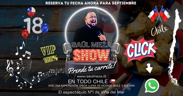 ¿Querís un 18 especial en tu domicilio? Este 2024, Saúl Meza llega desde Viña del Mar para encender la ramada o armar la fonda en tu casa. Ideal para almuerzos en fondas y ramadas de todo Chile, o para hacer la previa y presentar a las orquestas de cumbia en la noche. Si buscas risas y diversión en la empresa durante Fiestas Patrias, Saúl es quien alegra la ocasión. ¡Este 18 nadie quedará indiferente con su show lleno de energía y entretenimiento!